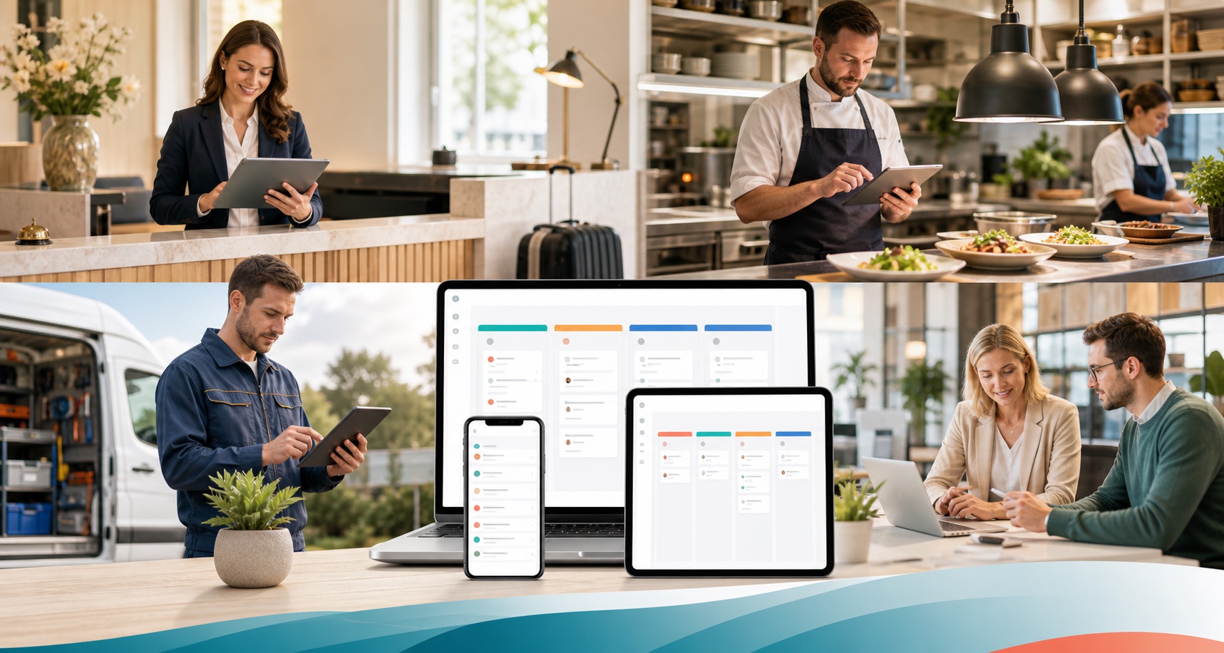 Teams aus Hotel, Gastro, Service und Büro arbeiten mit digitalen Aufgaben.